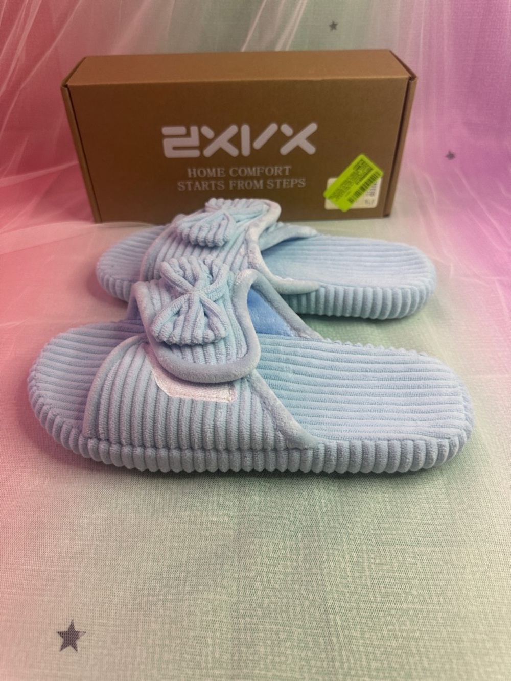 Baby Blue Ribbed Bow Slide Slippers - Picture 3 of 10
